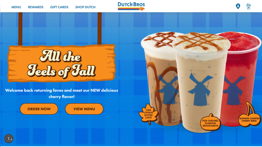Promotional banner for fall drinks with images of beverages and call-to-action buttons.