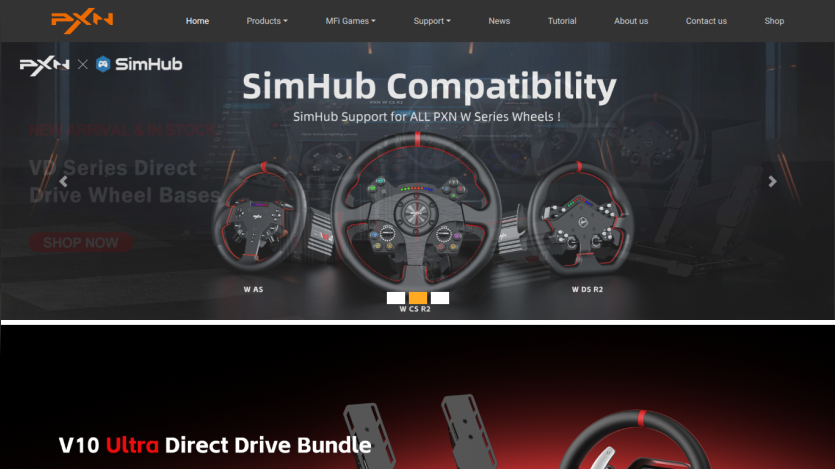 PXN website showing SimHub compatibility for PXN W Series Wheels with product images and shop now button