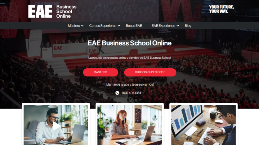 EAE Business School Online homepage with navigation, hero text, call-to-action buttons, and contact number