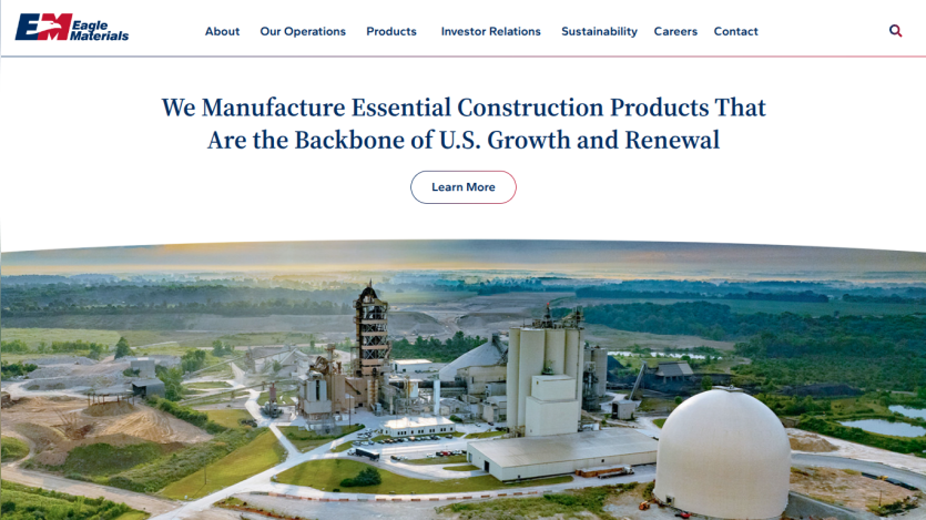 Eagle Materials homepage with navigation and headline about manufacturing essential construction products for U.S. growth