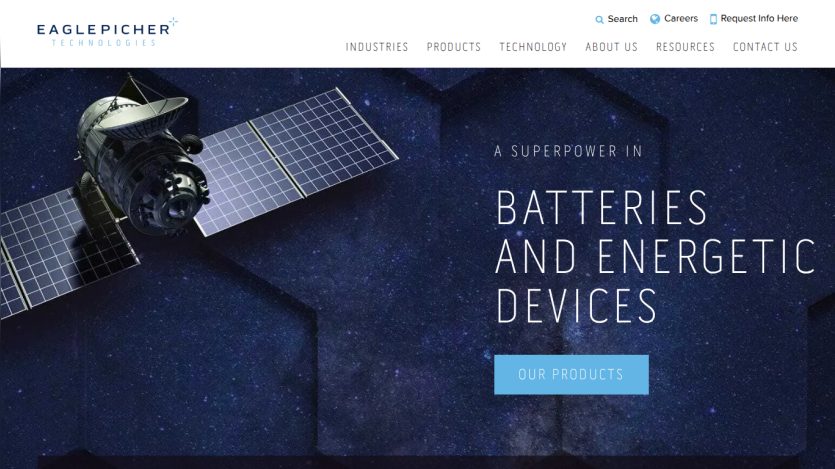 EaglePicher Technologies homepage with navigation and hero section highlighting batteries and energetic devices