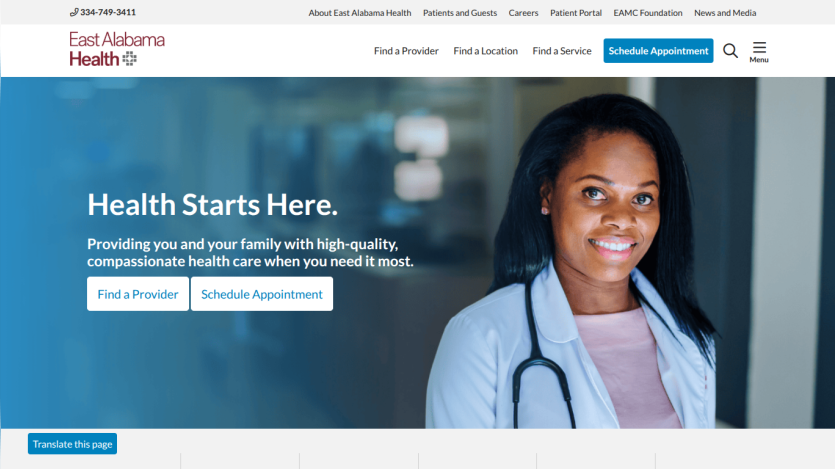 East Alabama Health homepage with headline 'Health Starts Here' and options to find a provider or schedule an appointment