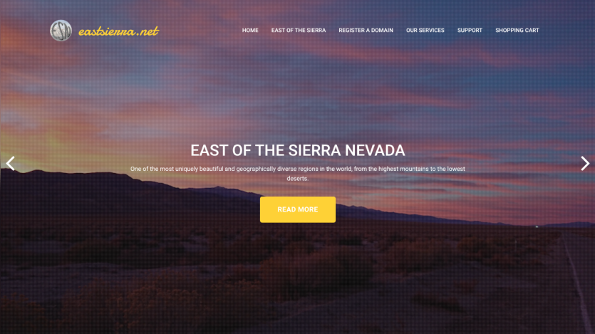 Website about East of the Sierra Nevada with scenic mountain background and navigation menu
