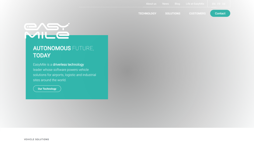 EasyMile homepage highlighting autonomous driverless technology for vehicle solutions in airports, logistics, and industrial sites