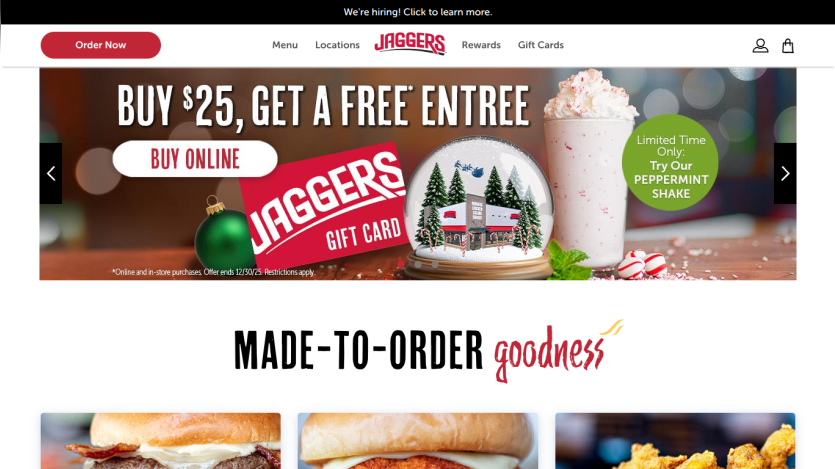 Jaggers restaurant homepage with promotion for free entree with $25 purchase and peppermint shake offer