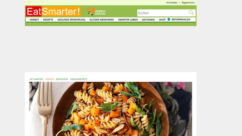 EatSmarter website header with navigation and a hero image of pasta with vegetables on a wooden plate