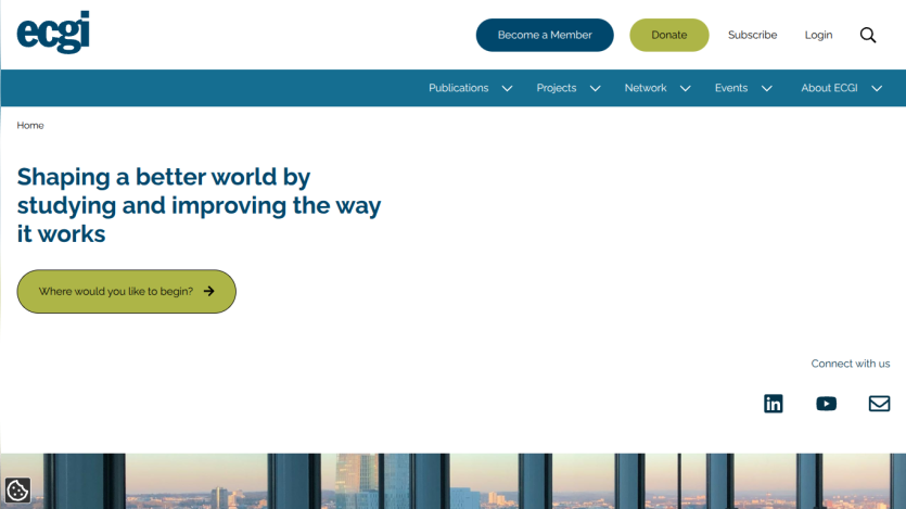 Website header with navigation and a hero section stating 'Shaping a better world by studying and improving the way it works' with a call-to-action button.