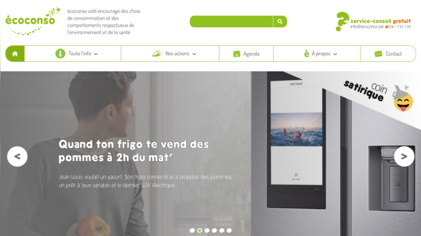 Écoconso homepage promoting environmentally respectful consumption with satirical fridge ad and navigation menu