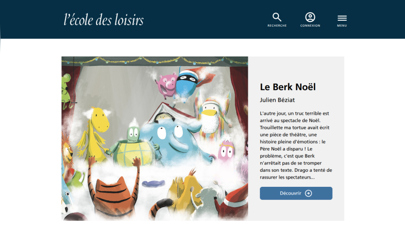 Website header with logo, search, and menu; hero section featuring colorful illustrated characters and text about 'Le Berk Noël' by Julien Béziat with a discover button