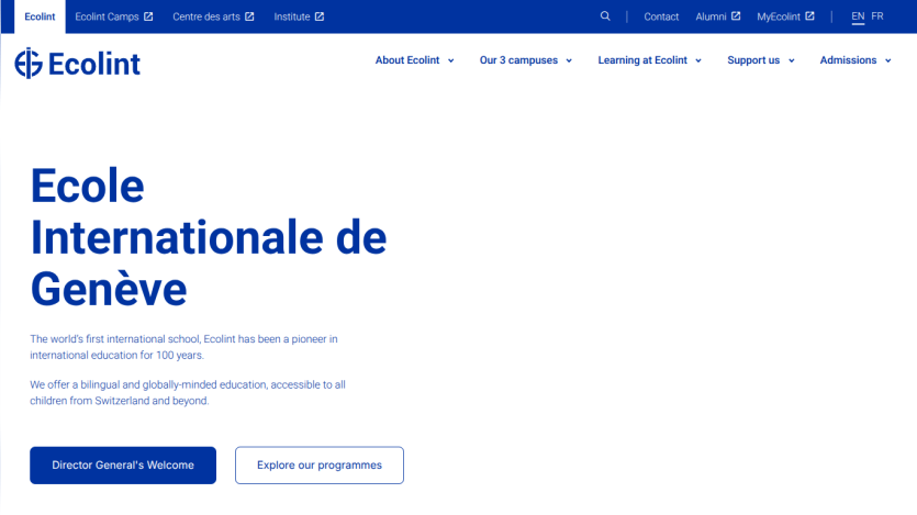 Ecolint homepage with headline about being the world's first international school offering bilingual education in Geneva