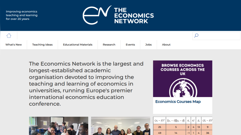 The Economics Network homepage with navigation, mission statement, and economics courses map link