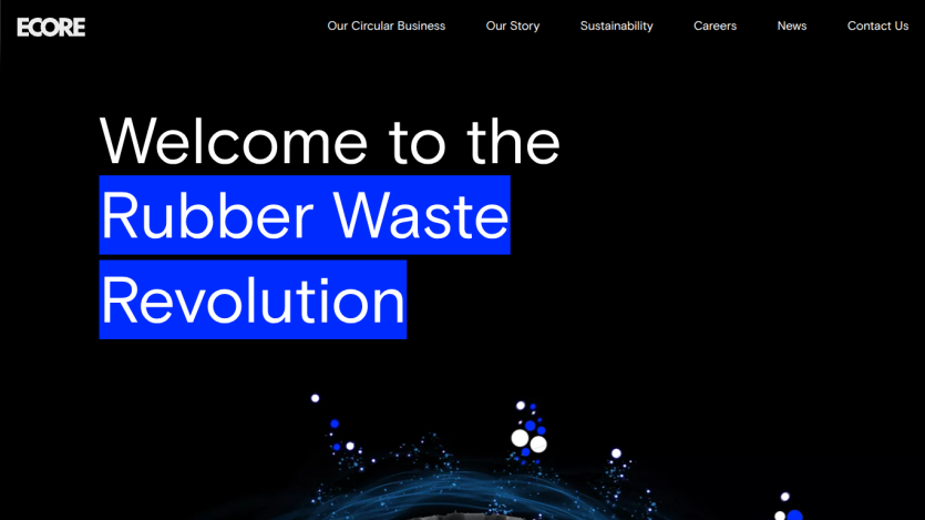 Homepage with navigation links and headline welcoming to the Rubber Waste Revolution