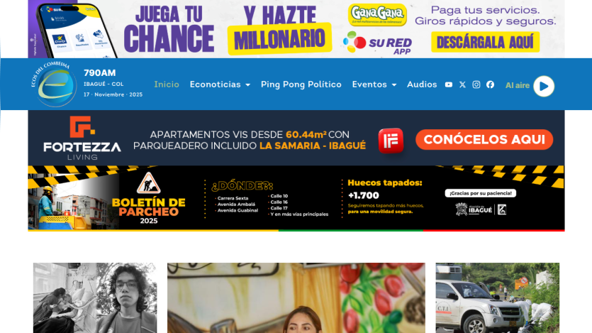 Ecos del Combeima radio site with news, political ping pong, events, and ads for Gana Gana app and Fortezza Living apartments