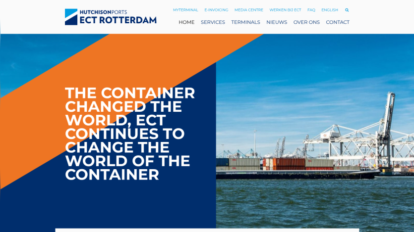 ECT Rotterdam container terminal with slogan about changing the world of the container and port cranes by the water