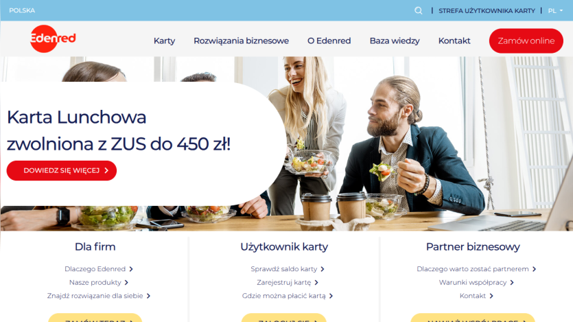 Edenred website hero promoting Lunch Card exempt from ZUS up to 450 zł with navigation and call to action