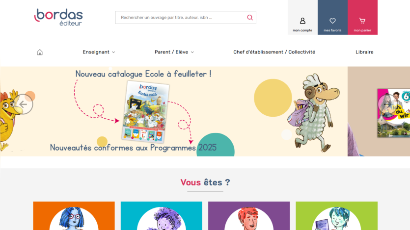 Bordas éditeur website with search bar, navigation for teachers and parents, and new 2025 school catalog promotion