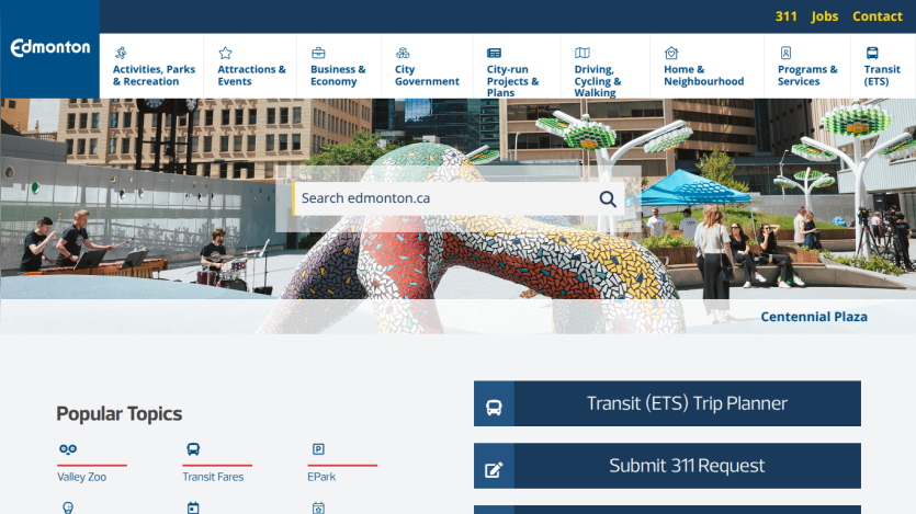 City of Edmonton website homepage featuring navigation and search bar.