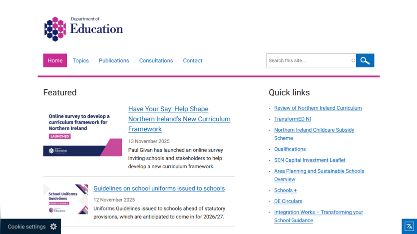 Department of Education homepage with featured news on curriculum framework survey and school uniform guidelines, plus quick links.