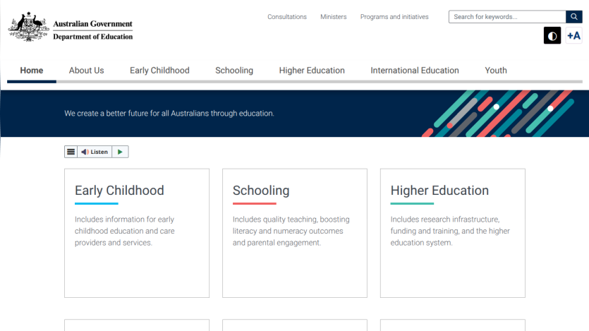 Australian Government Department of Education homepage featuring sections on Early Childhood, Schooling, and Higher Education.