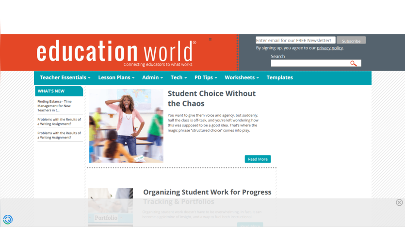 Education World homepage featuring articles on student choice and organization.