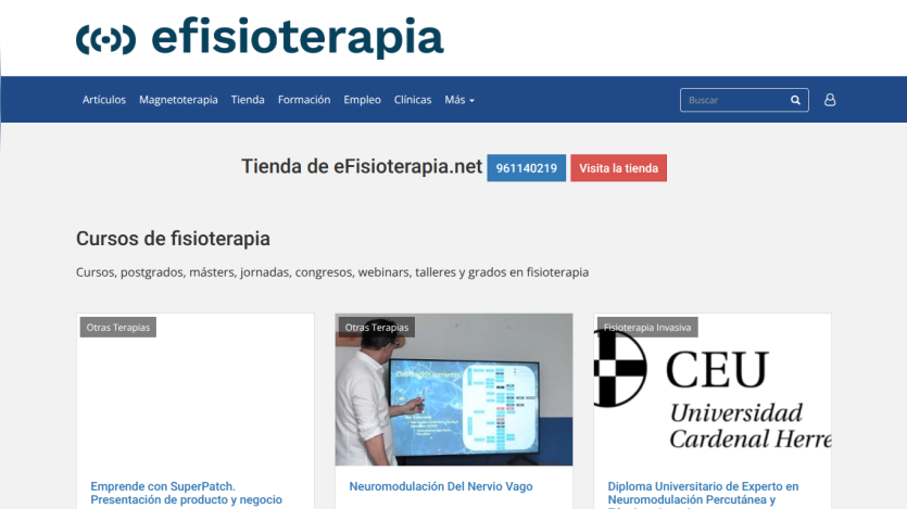eFisioterapia website showing physiotherapy courses, navigation menu, and contact info