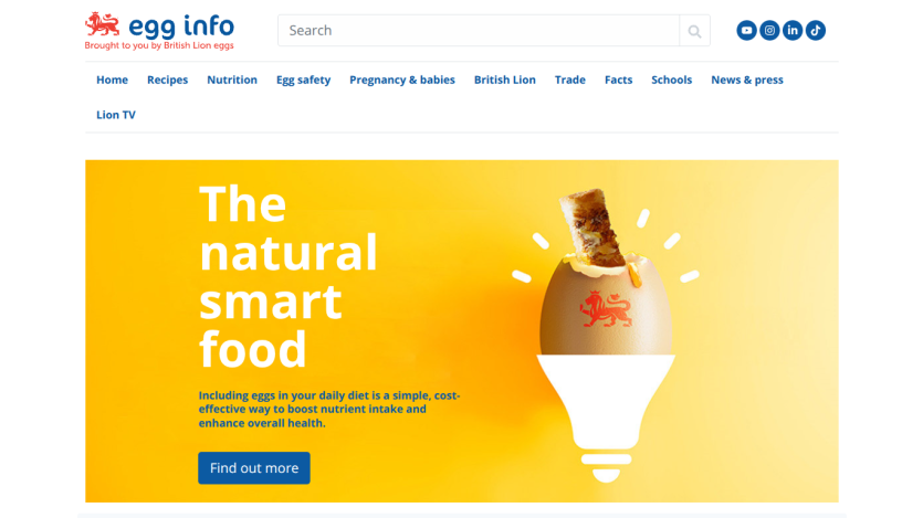 Egg info website promoting eggs as natural smart food with navigation and search bar