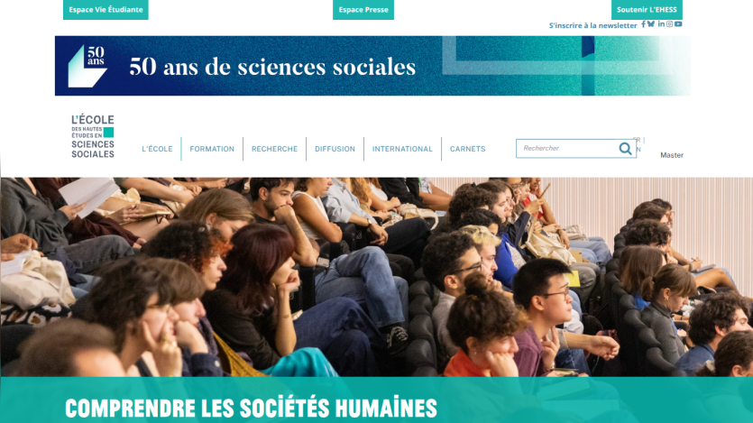 Homepage of a social sciences school celebrating 50 years, featuring an audience in a lecture.