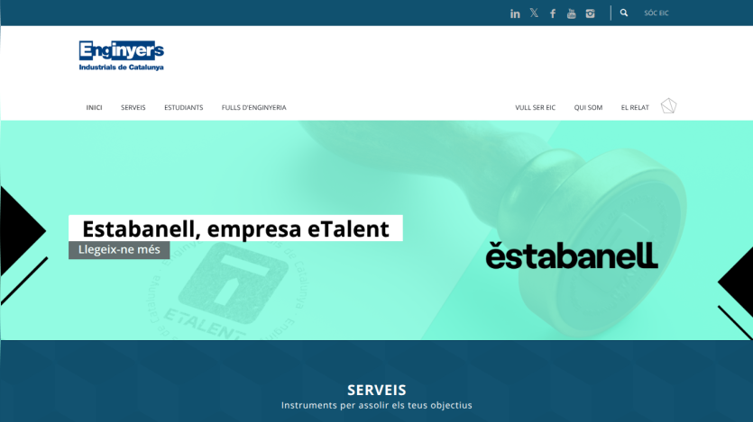 Enginyers Industrials de Catalunya homepage with navigation menu and hero section featuring a group photo and logos