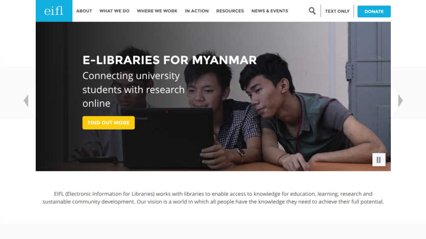 E-libraries for Myanmar connecting university students with research online with navigation and donate button