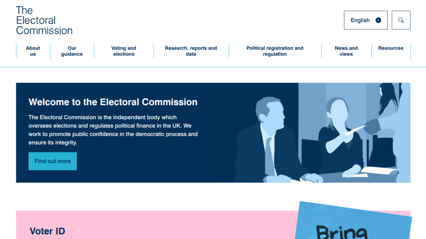 Homepage of the Electoral Commission with welcome message and navigation options.