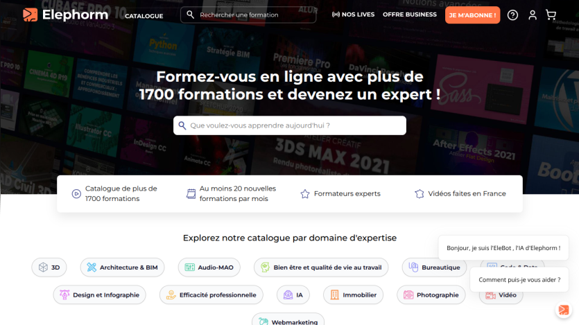 Elephorm online training platform homepage offering over 1700 courses with search and categories like 3D, Architecture, Audio, Design, IA, and more