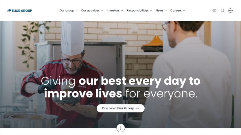 Elior Group website header with navigation and hero section showing a chef preparing food and text about improving lives