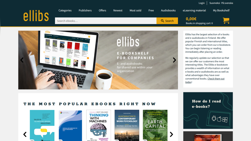 Ellibs e-bookstore homepage with search bar, hero section for company e-bookshelf, and popular ebooks displayed
