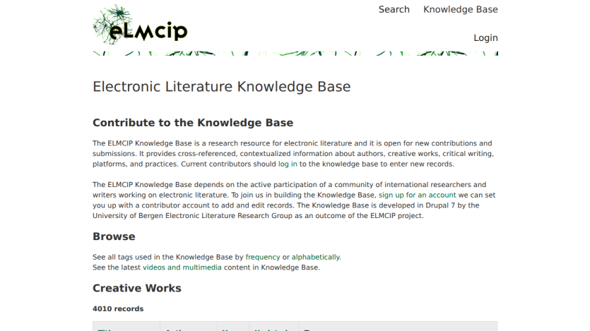 Electronic Literature Knowledge Base homepage with contribution info, browse options, and creative works count