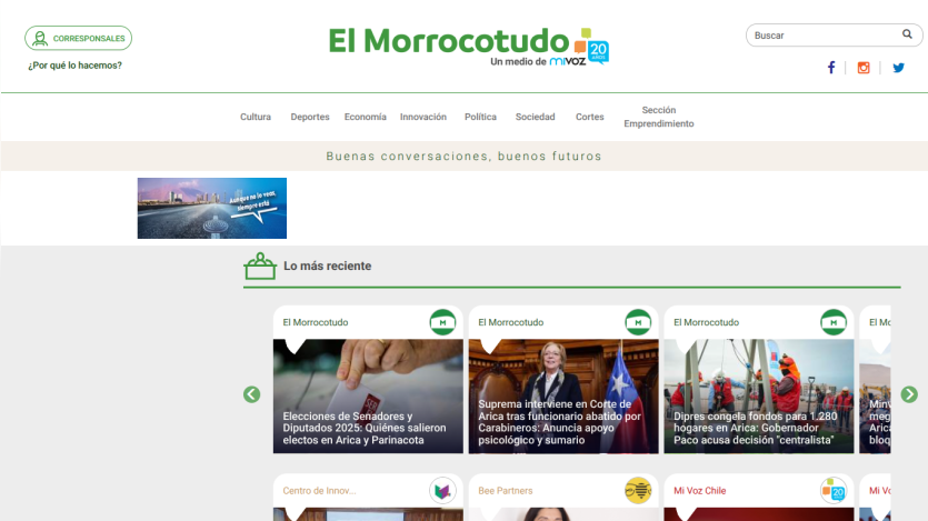 El Morrocotudo news site with navigation, slogan, and recent news articles on politics and society