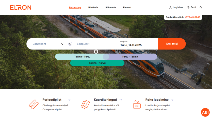 Elron homepage with search bar for routes, date selector, and service options, plus key service features below