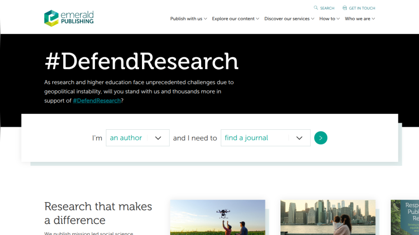 Homepage promoting #DefendResearch with a search bar and introductory text about impactful research.