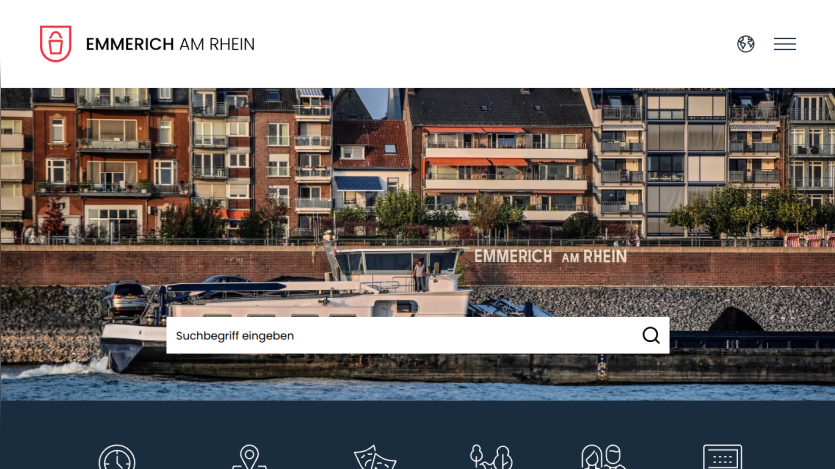 Website header and hero section showing Emmerich am Rhein waterfront with search bar and navigation icons