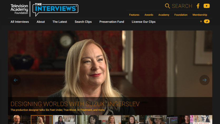Television Academy Foundation Interviews homepage featuring an interview with production designer Suzuki Ingerslev