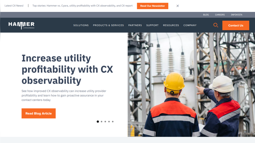 Hammer website promoting increased utility profitability with CX observability and a call to read blog article
