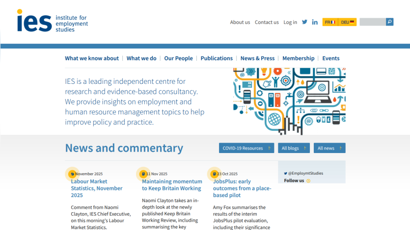 Institute for Employment Studies homepage with navigation, consultancy description, and news commentary section