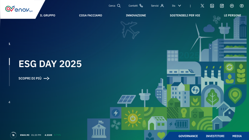ENAV website with ESG Day 2025 promotion and navigation menu in Italian, featuring sustainable energy and transportation graphics