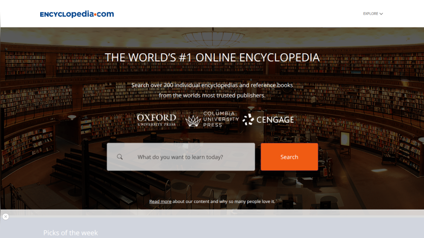 Homepage of an online encyclopedia featuring a search bar and publisher logos.