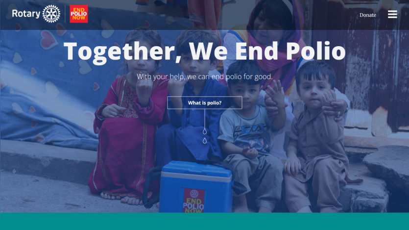 Rotary campaign to end polio with children and call to action 'What is polio?'