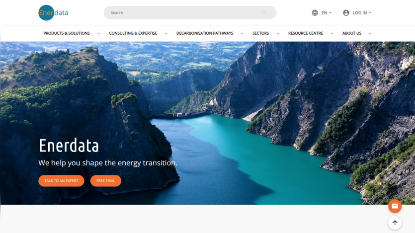 Enerdata's homepage featuring a scenic landscape and a tagline about shaping the energy transition.