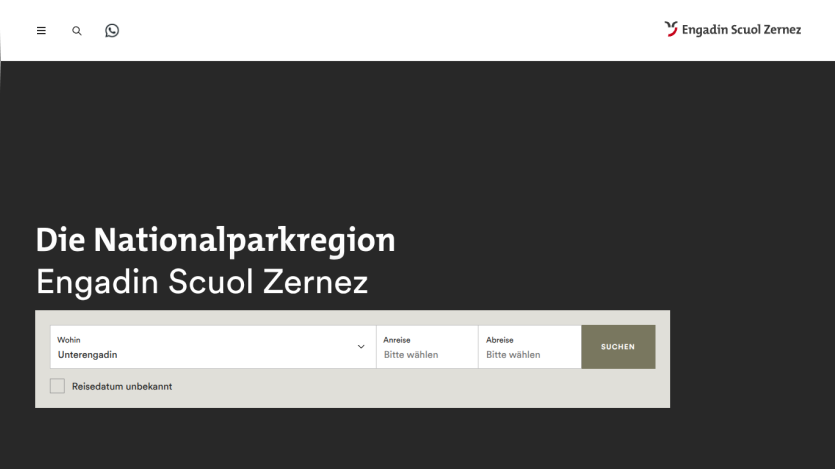 National park region Engadin Scuol Zernez with travel search form for destination and dates
