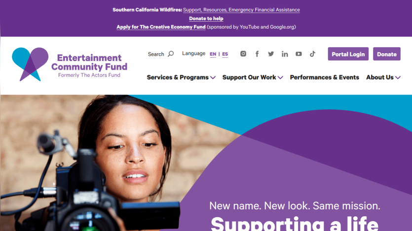 Entertainment Community Fund homepage with navigation and hero section promoting support and mission