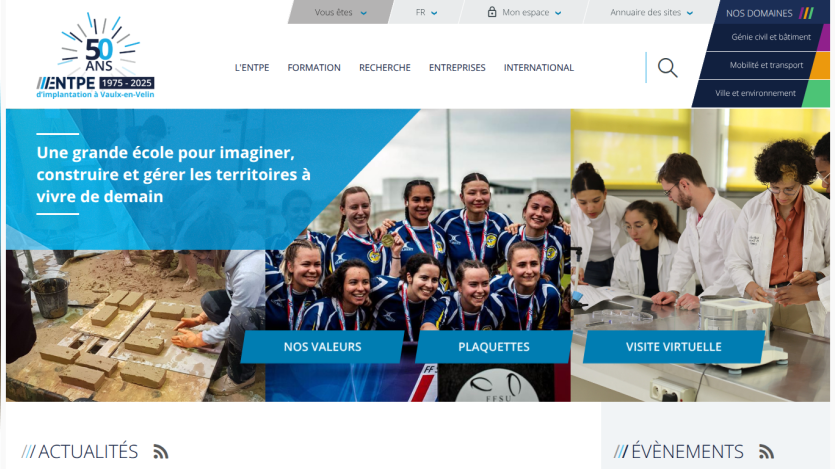 Homepage of ENTPE school celebrating 50 years, highlighting education for future territories with values, brochures, and virtual visit options