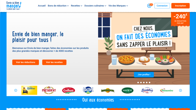Homepage offering savings and recipes with a banner promoting economy without losing pleasure and brand logos