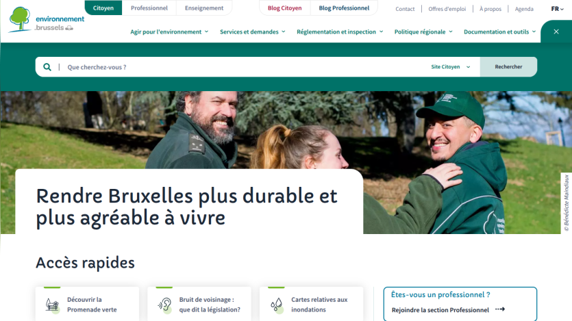Website header with navigation and hero section promoting sustainable and pleasant living in Brussels with quick access links.
